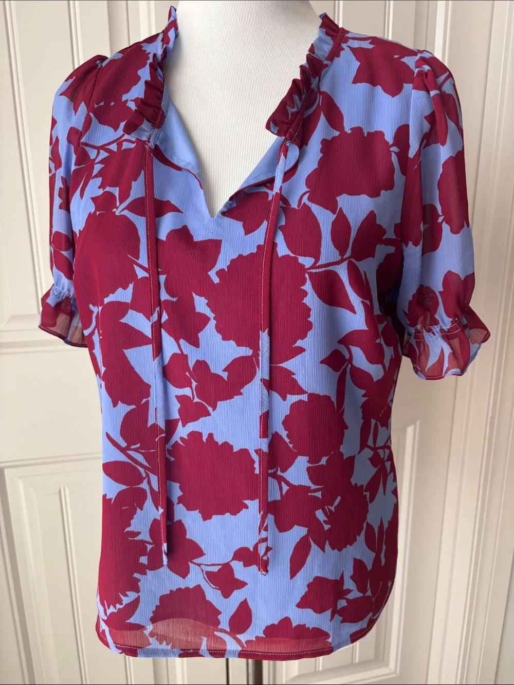 Women's Floral Tie-Neck Blouse in Blue and Burgundy